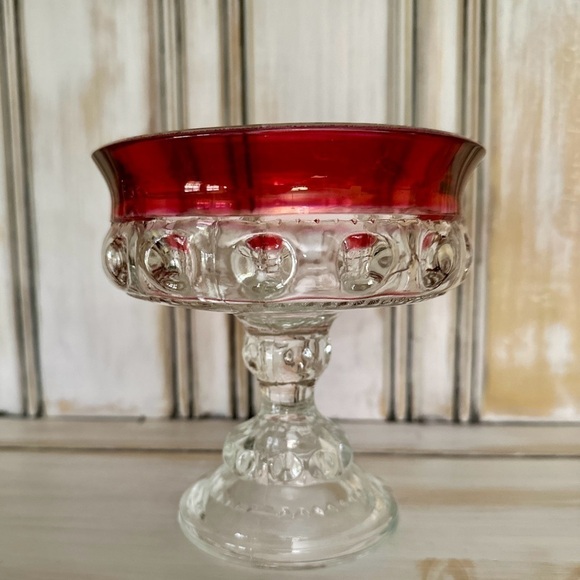 VINTAGE, KINGS CROWN, RUBY THUMBPRINT COMPOTE IN THE TIFFIN STYLE. - Picture 8 of 10